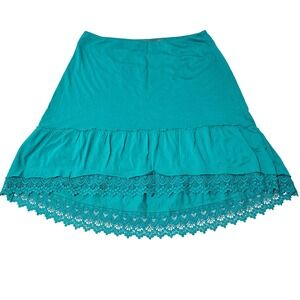 Prana‎ Teal Crochet Lace Trim Tiered High Low Knit Skirt Turquoise Women Medium